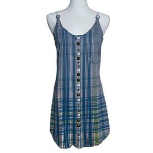 We The Free Plaid Tank Top Gray Button Front Crochet Lace Adjustable Straps M